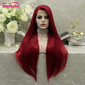 Imstyle-Peluca de encaje rojo sintético para mujer, postizo largo y recto, fibra resistente al calor, para Cosplay