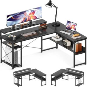 Escritorio Esquinero Reversible, Mesa de Escritorio con Soporte, Monitor, Escritorio en L con Estantes de almacenamiento Negro, 155x120 cm