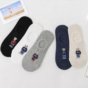 Calcetines tobilleros de algodón y silicona para hombre, medias invisibles antideslizantes con diseño de oso de dibujos animados, estilo Retro a rayas, lote de 5 pares
