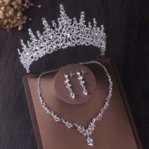 Conjunto de joyas de lujo para novia, tiara de diamantes de imitación, collar de corona, pendientes, cristal, gota de agua, Color plateado, boda, Dubai