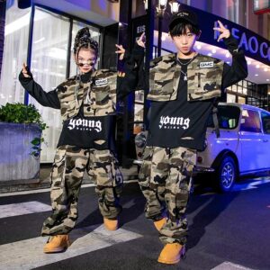 Chaleco de camuflaje de Hip Hop para niños y niñas, pantalones Cargo, Jogger militar, traje de baile callejero, traje de moda para adolescentes