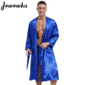 Albornoz de satén de manga larga para hombre, bata de noche frontal abierta con cinturón de cintura, bolsillos laterales, Kimono, ropa de dormir para adultos