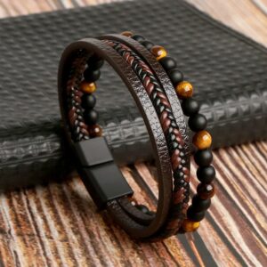 Pulsera de cuero con cuentas para hombre, brazalete clásico de piel multicapa con cuentas de ojo de tigre, joyería 2023