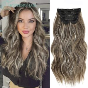 Extensiones de Cabello sintético largo con Clip, extensiones de cabello ondulado, pieza sintética Ombre, Rubio, marrón, postizos gruesos, 6 piezas por juego