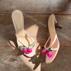 Zapatillas de tacón de Metal con decoración de cereza Para mujer, Zapatos informales con punta abierta y cordones, estilo británico, 2024
