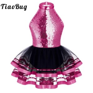 Vestido de tutú de baile de Ballet Halter con lentejuelas para niñas, leotardo de gimnasia brillante, purpurina, traje de baile latino moderno de Jazz, Ropa de baile