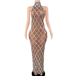 Vestido largo sin mangas con diamantes de imitación brillantes, celebración de noche oscura para elegante vestido de malla, boda, graduación, cumpleaños, ropa de fotografía