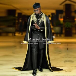 Traje de boda de novio negro con apliques de cuentas doradas, Blazer de graduación con capa a medida, Blazer Formal de negocios para Banquete de graduación, esmoquin para hombre