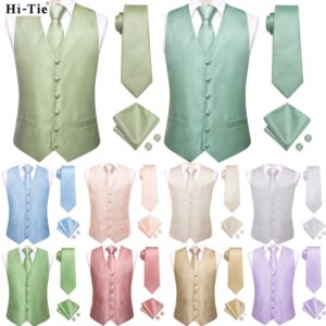 Hi-Tie-Chaleco de traje de seda sólida verde salvia para hombre, chaqueta de cintura de vestido de boda de negocios, gemelos cuadrados de bolsillo, chaleco tejido, 4 piezas