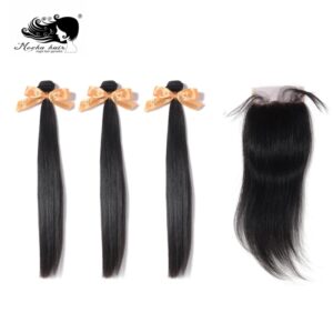 MOCHA Hair-extensiones de pelo brasileño virgen, accesorio capilar liso con cierre de encaje de 4x4, 100% cabello humano, envío gratis, 10A, 3 uds.