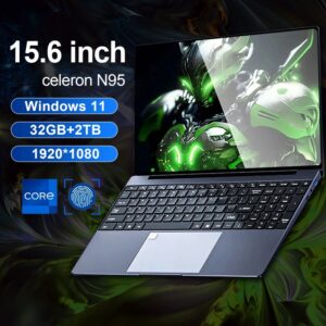 Ordenador portátil de 15,6 pulgadas, 32GB de Ram, 2TB de SSD, Windows 11, Intel N5095, Ordenador de oficina con cámara Wifi, huella dactilar retroiluminada