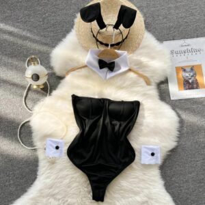 Sujetador de tendencia de verano con almohadilla para el pecho, traje negro ajustado, traje Sexy, traje de conejito para niña, uniforme de Cosplay, lencería erótica, envoltura en el pecho