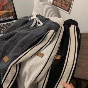 Pantalones de chándal de pana a rayas para mujer, Pantalones rectos gruesos de cintura alta con cordón, pantalones de pierna ancha Y2K coreanos que combinan con todo, Otoño e Invierno