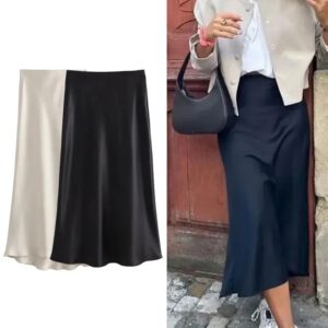 TRAFZA-Falda larga de satén liso para mujer, faldas ajustadas de cintura alta, textura de seda a la moda, Midi, elegante, Y2K