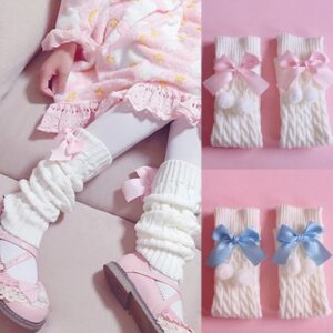Calentadores de piernas de estilo Preppy japonés para mujeres y niñas, puños de bota de bola de felpa con lazo dulce, cubierta de pie, Cable grueso de giro, rodilla de punto, Lolita