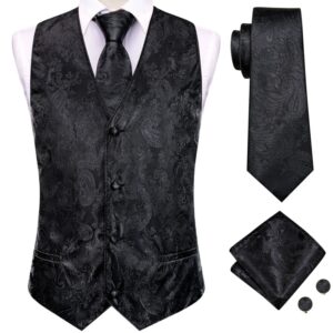 Hi-Tie-chalecos de traje de seda para hombre, chaqueta de cintura tejida de cachemira negra, gemelos cuadrados de bolsillo, vestido de boda de negocios, 4 piezas