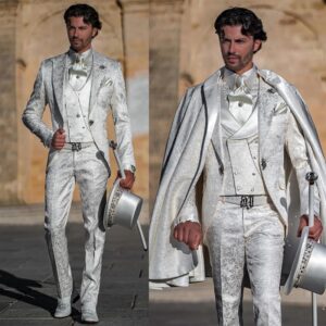 Traje de caballero Retro Jacquard para hombre, chaqueta, chaleco, pantalones, ajustado, hecho a medida, traje de boda para novio, 3 piezas, blanco