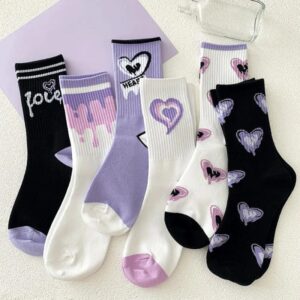 Calcetines blancos de algodón con corazones para mujer, estilo Kawaii Preppy coreano, Anime púrpura, 5 pares