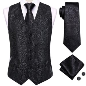 Hi-Tie-chalecos de traje de seda para hombre, chaqueta de cintura tejida Floral negra, gemelos cuadrados con bolsillo, vestido de boda de negocios, 4 piezas