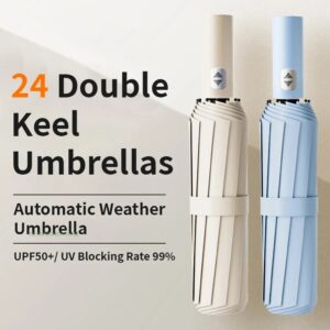 Paraguas grande totalmente automático para hombres y mujeres, sombrilla de viaje a prueba de viento, anti-UV, 3 varillas plegables, doble lluvia, 24 huesos, regalo UPF