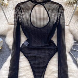 CHILLGIO-body a rayas de malla transparente para mujer, Catsuits elásticos de moda, combinación de Bodycon, mono de manga larga, mamelucos Sexy