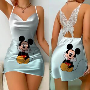 Minivestido de pijama con falda para mujer, vestido de fiesta con lazo, superficie de satén, Minnie Mouse, Disney, Mickey, elegante, moda de verano, 2024