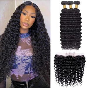 Extensiones de cabello humano ondulado con cierre, pelo Remy virgen brasileño 100%, 3 mechones y cierre de encaje HD 13x4 con pelo de bebé # 1B