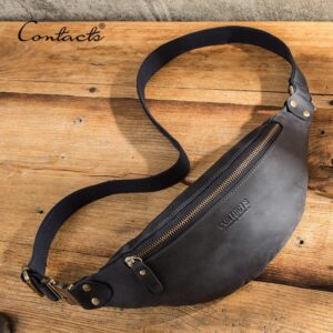 CONTACT'S-riñonera de cuero Crazy Horse para hombre, bolso de cintura de viaje, bolso de pecho multifunción, 100%