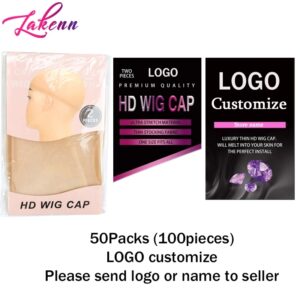 Gorro de peluca HD con logotipo propio, 50 paquetes de 100 piezas, Media ultrafina, gorro para peluca, gorro Perruque, redes para el cabello, accesorios para peluca