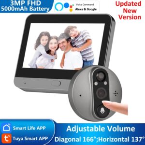 3MP Smart Life Tuya 1080P WiFi timbre de puerta ojo mirilla cámara 5000mAh batería PIR Detector de movimiento IR Alexa Google Home visor Digital