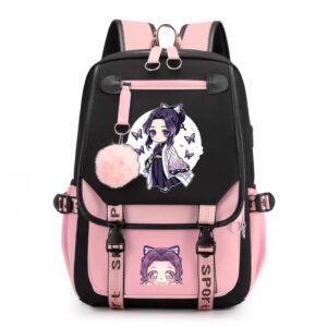 Mochila Kawaii con patrón de Kochou Shinobu, mochila de Anime callejero para adolescentes, mochila con USB