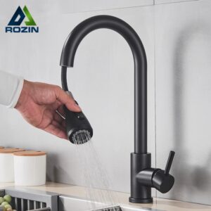 Rozin-grifo de cocina de un solo orificio, mezclador de fregadero de cocina, cabezal de pulverización de flujo, cromado/negro