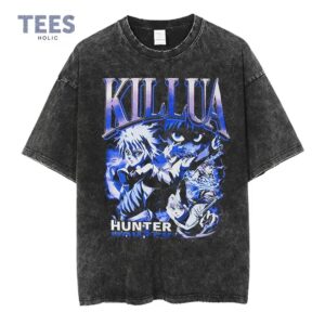 Killua Zoldyck-camisetas de algodón para hombre, ropa de calle Vintage lavada, camiseta de Anime, Manga corta, Harajuku, troupé Phantom, Tops