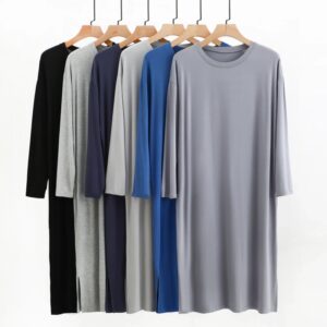 Camisón de manga larga con cuello redondo para hombre, ropa de dormir de Modal, hasta la rodilla, suave y cómoda