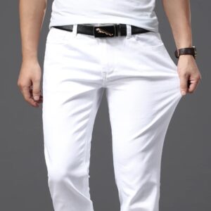 Pantalones vaqueros blancos para hombre, pantalón informal, estilo clásico, ajustado, suave, elástico, de marca avanzada