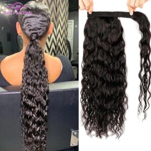 Extensiones de cola de caballo con ondas de agua, cabello humano Remy, pasta mágica, Color Natural