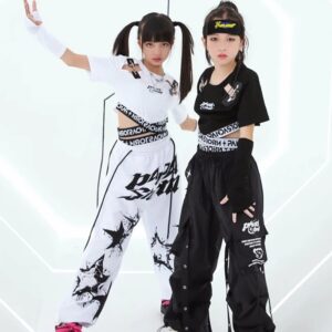 Disfraz de baile de Jazz para niñas, Tops cortos blancos y negros, pantalones de moda, ropa de rendimiento de Hip-Hop, traje de baile callejero para adolescentes y niños