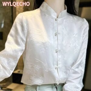 Top de estilo chino de pájaro de bambú blanco para mujer, Top Oriental de cuello alto, camisa Vintage Han Element, traje Tang, Top de satén, novedad de otoño, 2023