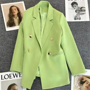 Abrigo informal liso con hebilla de Metal para mujer, pequeña Chaqueta de traje, ropa de oficina de doble botonadura, elegante, otoño