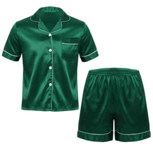 Conjunto de pijama de satén sedoso para hombre, ropa de dormir con cuello de muesca, camisa de manga corta con botones, Top con pantalones cortos tipo bóxer