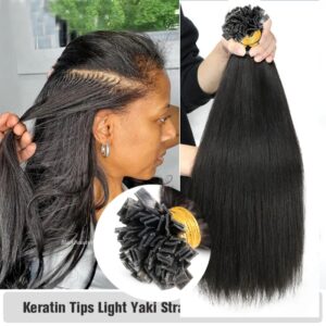 Extensión de cabello de punta plana, cabello humano liso Yaki prepegado, queratina Fusion K Tip, cabello Remy brasileño ligero Yaki 100g 100 piezas
