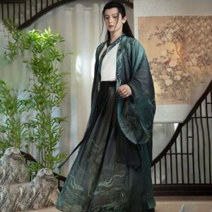 Hanfu impreso tradicional chino para hombre, traje de Cosplay de Halloween, color blanco y verde degradado, 3 piezas, talla grande 2XL