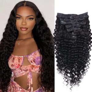 Extensiones de cabello humano virgen brasileño para mujer, pelo Remy de onda profunda con Clip, 8 piezas