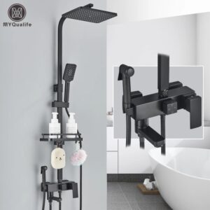 Juego de grifo de ducha de latón negro, grifo de bañera de lluvia con estante de baño, 4 Funciones, ajuste de altura, mezclador de ducha, grúa, entrega rápida