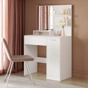 Mesa de Maquillaje con Espejo Grande, Tocador con 2 Estantes Ajustables, 1 Cajón, 2 Estantes Abiertos,Estilo Moderno