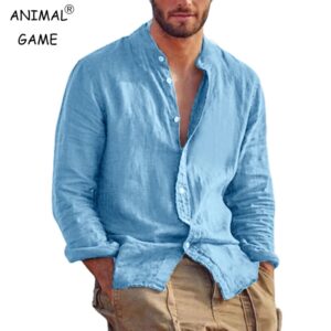 Camisa de manga larga para hombre, Camisa de algodón y lino de Color sólido, talla grande, cuello levantado, Tops de playa ligeros e informales, novedad