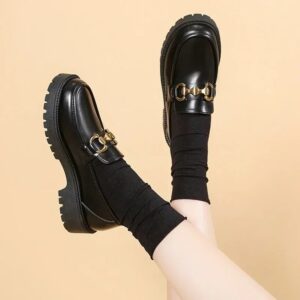 Zapatos de tacón alto para mujer, mocasines con decoración de Metal, punta redonda, gruesos, profesionales, a la moda, para oficina