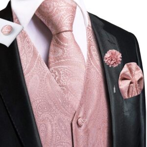 Chalecos de seda de Cachemira para hombre, conjunto de gemelos de pañuelo, broche, traje Formal de negocios, hi-tie, Rosa melocotón, boda