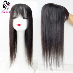 Topper de cabello humano con flequillo para mujer, Base de seda flexible, pieza de cabello Remy brasileño, peluquín superior de seda atado a mano, 13x15cm