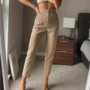 TRAF-pantalones de cintura alta para mujer, ropa Formal de oficina, trajes de lápiz, Negro, Rosa, blanco